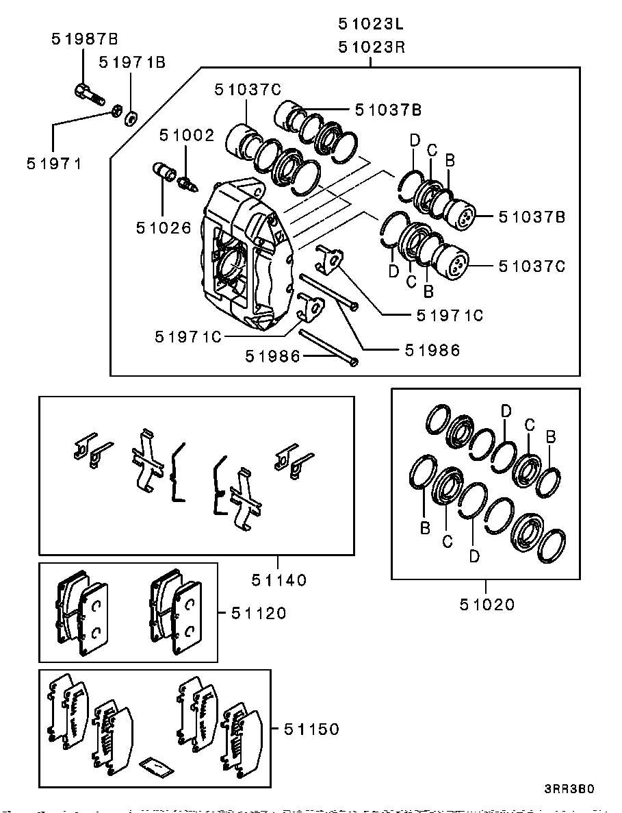 FRONT WHEEL BRAKE / CALIPER DISASSEMBLED PARTS